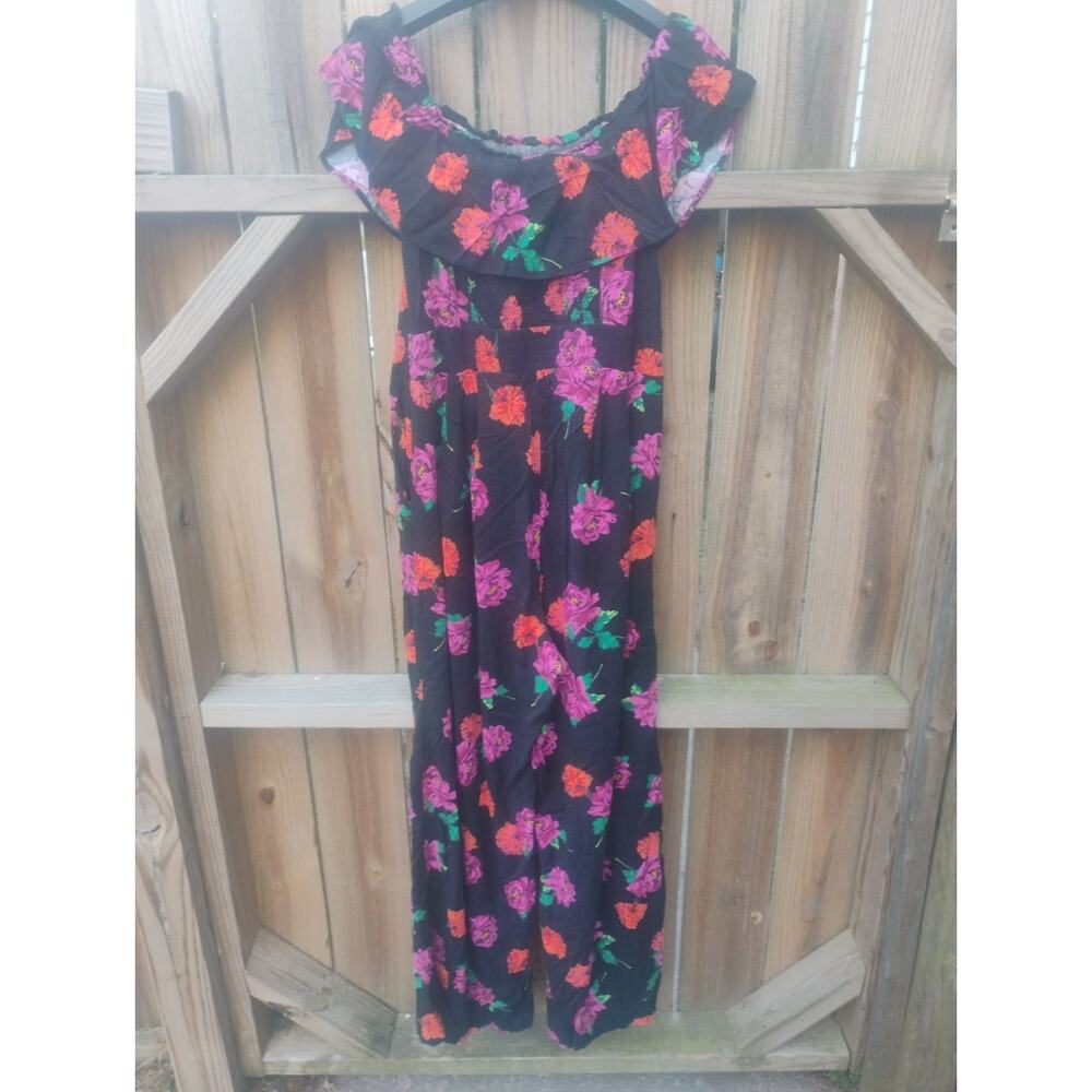 Torrid Black Floral Off The Shoulder Challis Wide Leg Jumpsuit Cottage Size 00 - Picture 7 of 13